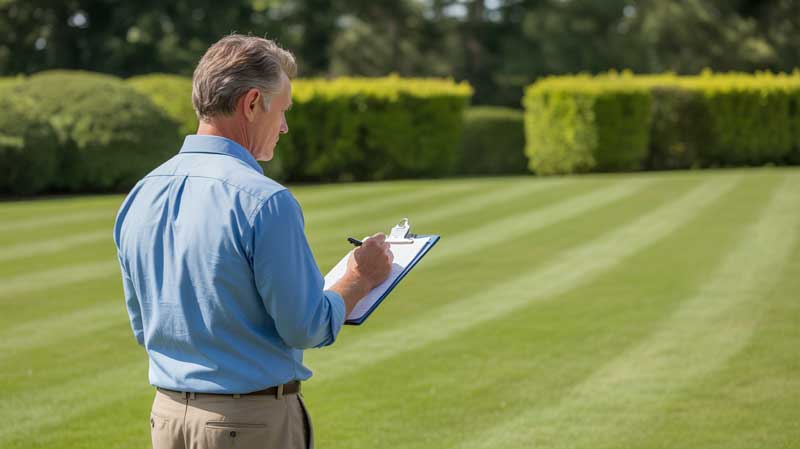Man holding clipboard while standing in a yard.