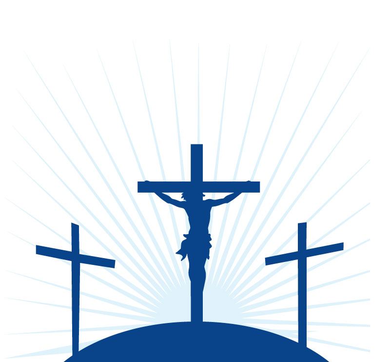 Three crosses on a hill with Jesus on the center cross.